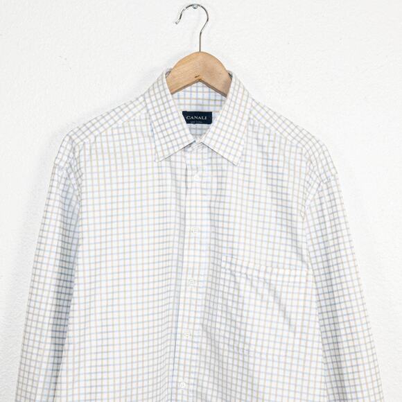 CANALI Made in Italy Men's Button up Dress Shirt white w blue beige sz 16 - Picture 2 of 9